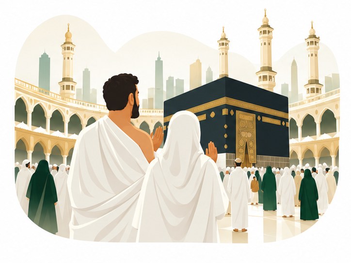 Pèlerine face à la Kaaba à La Mecque